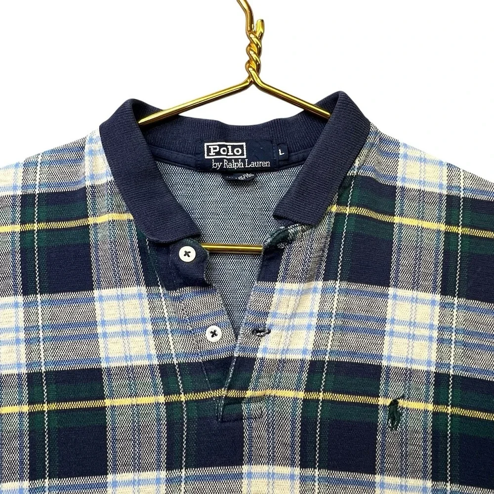 Polo Ralph Lauren Rugby Shirt Mens Large Plaid Tartan Style Made USA Distressed